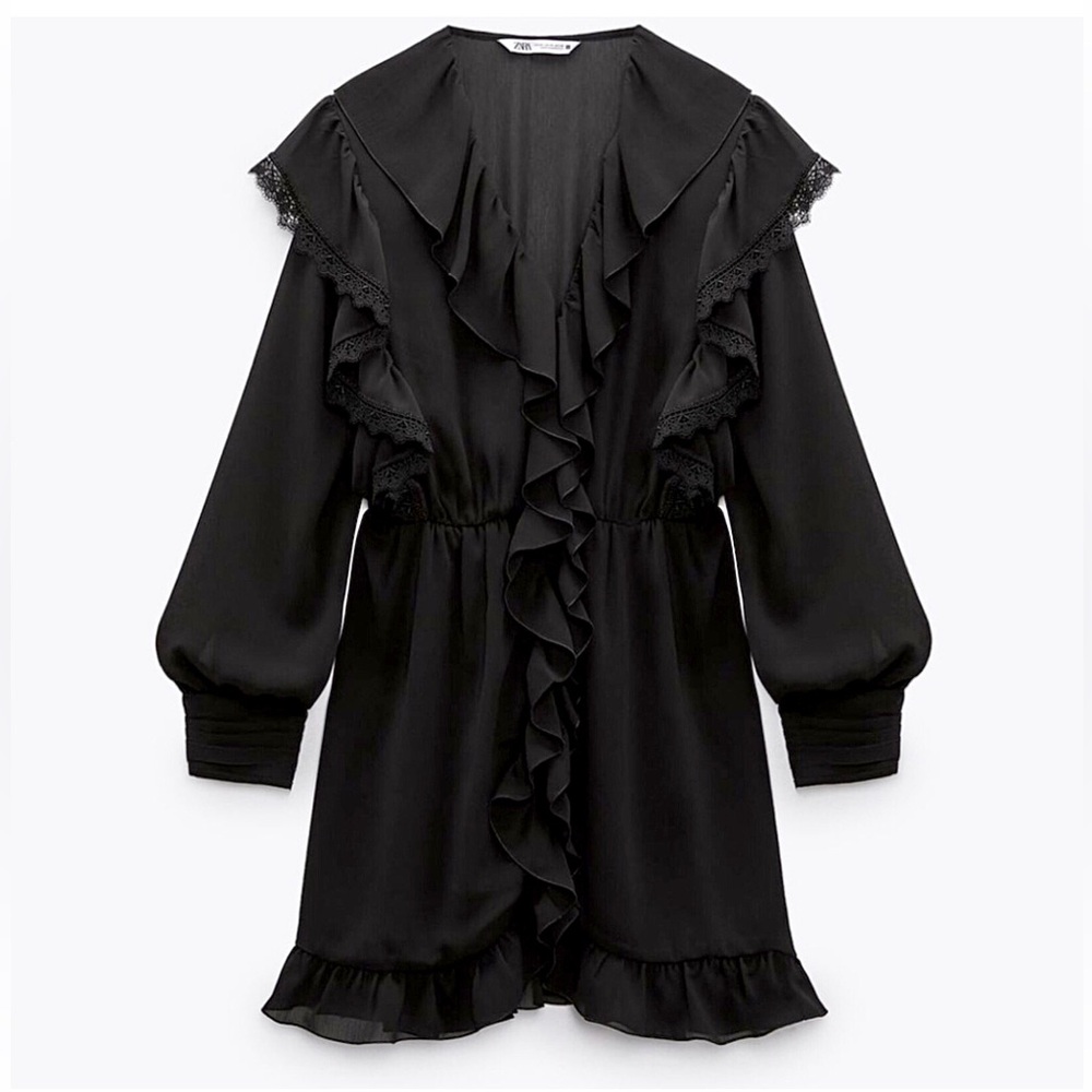 Zara Black Long-Sleeve Ruffled Mini Dress